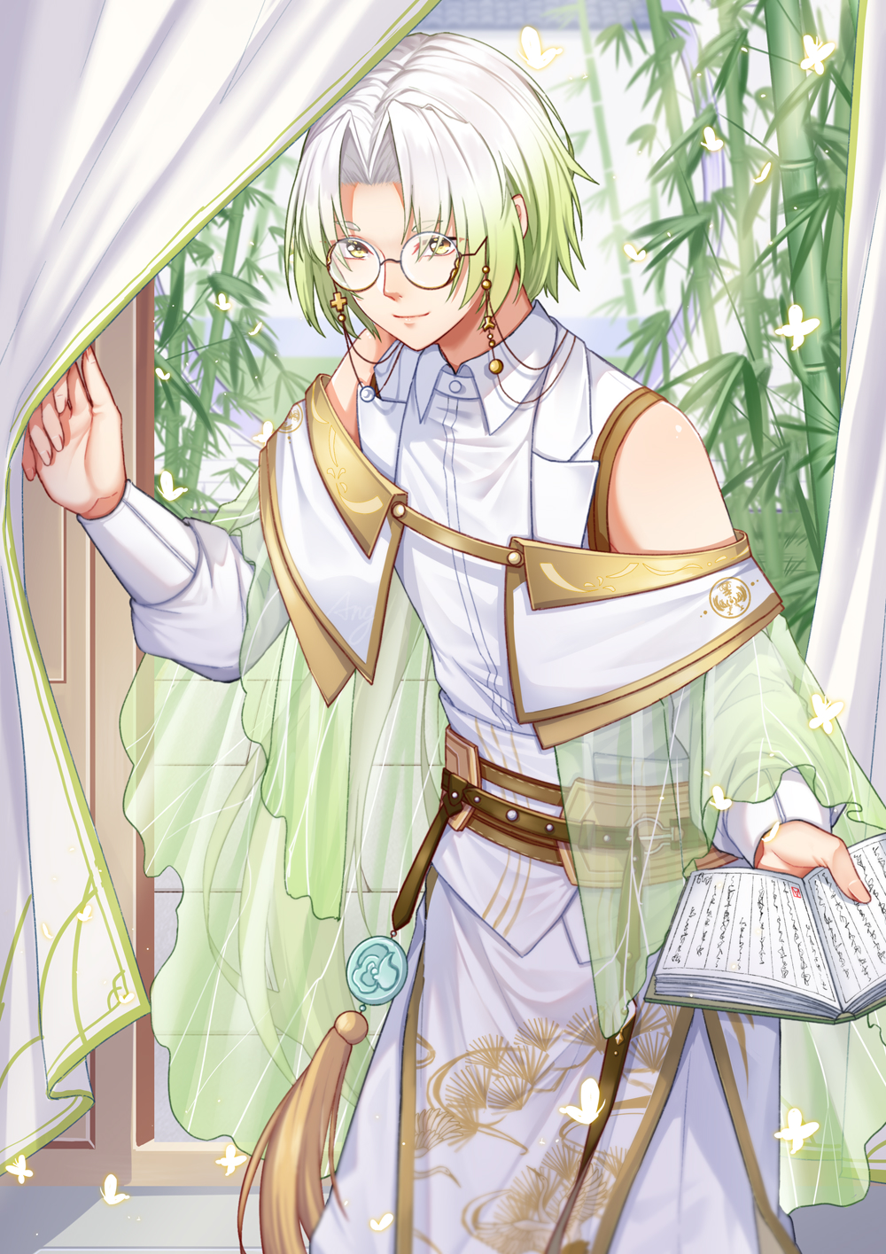 1boy, ang_(6107939), bamboo, bamboo_forest, bare_shoulders, belt, book, brown_belt