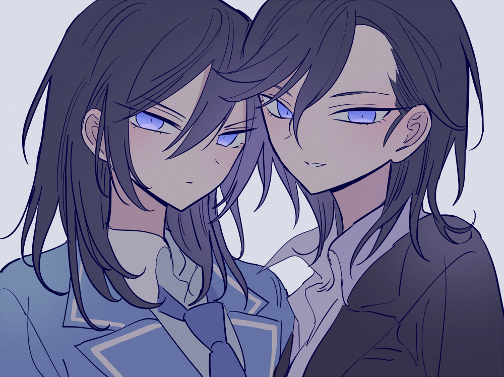 2boys, bad_id, bad_pixiv_id, black_hair, black_jacket, blue_eyes, blue_jacket, blue_necktie