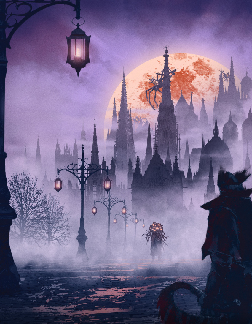 2others, absurdres, amygdala_(bloodborne), bare_tree, bloodborne, clouds, coat, glowing