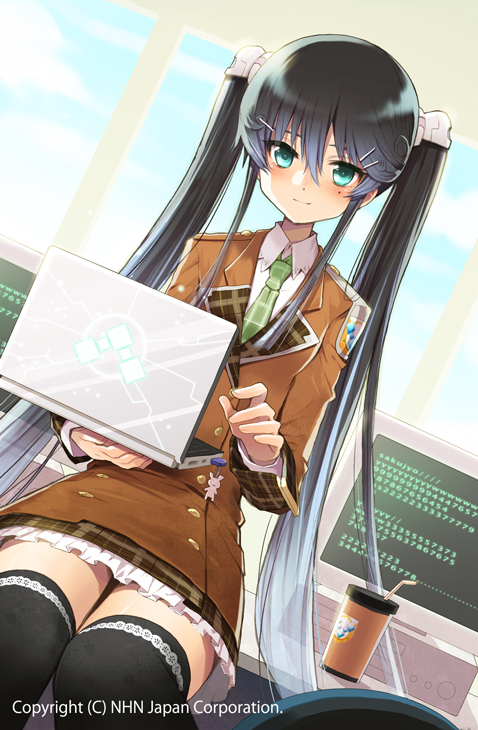 chiba_sadoru, computer, curly_hair, green_eyes, laptop, long_hair, mole, plaid