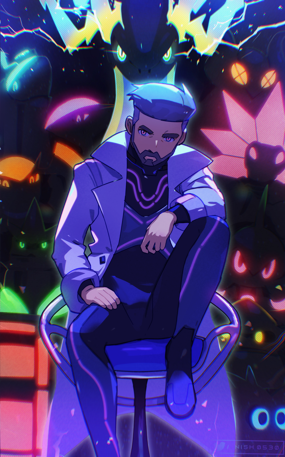 1boy, beard, black_bodysuit, bodysuit, chair, closed_mouth, coat, commentary