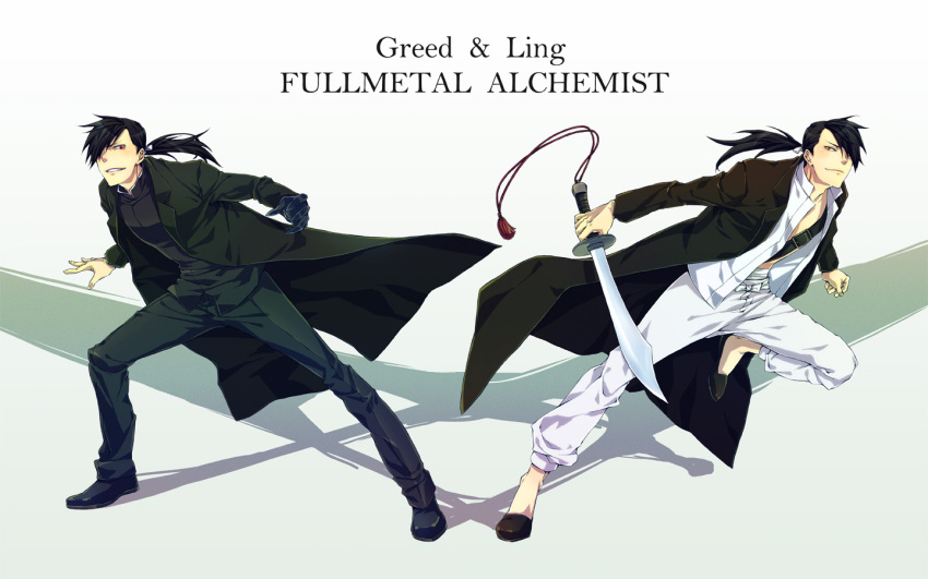 dual_persona, fullmetal_alchemist, greed, hair_over_one_eye, lightning_(pixiv), ling_yao, male, ponytail
