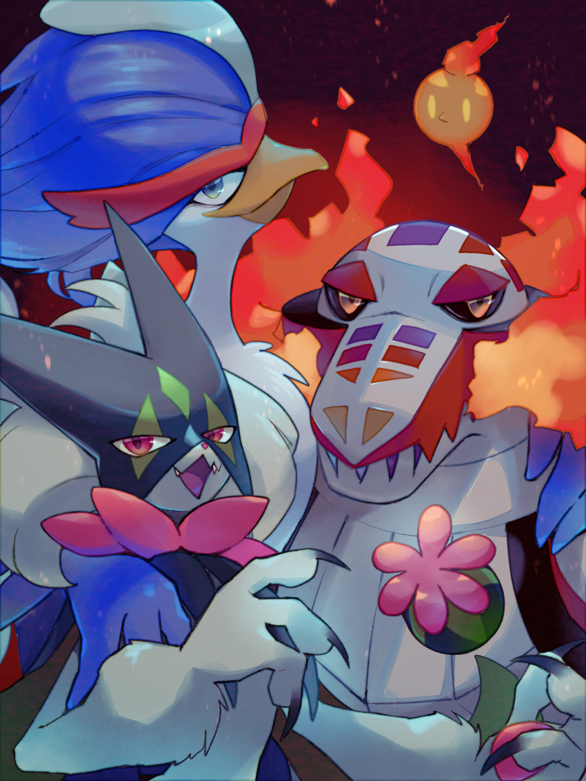 :d, claws, closed_mouth, commentary_request, fangs, fire, highres, koso2023