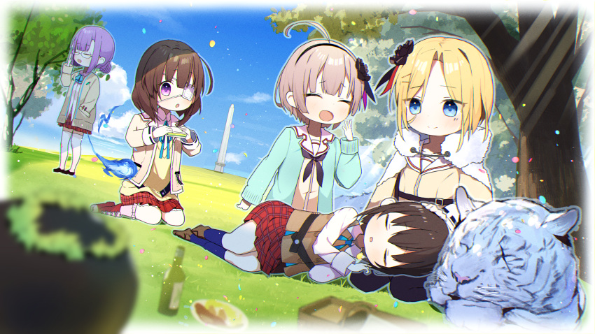 5girls, ^_^, absurdres, ahoge, animal, aoi_erika, aqua_cardigan, blonde_hair