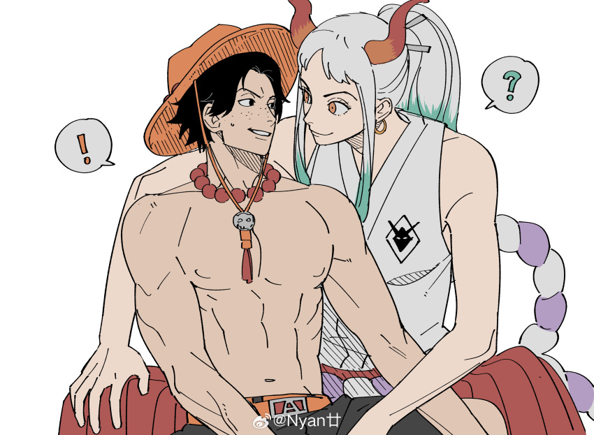 !, 1boy, 1girl, ?, absurdres, aqua_hair, arm_on_own_leg, artist_name