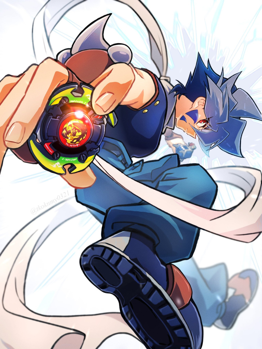 1boy, bakuten_shoot_beyblade, beyblade, beyblade_(object), black_gloves, blue_hair, blue_pants, blue_shirt