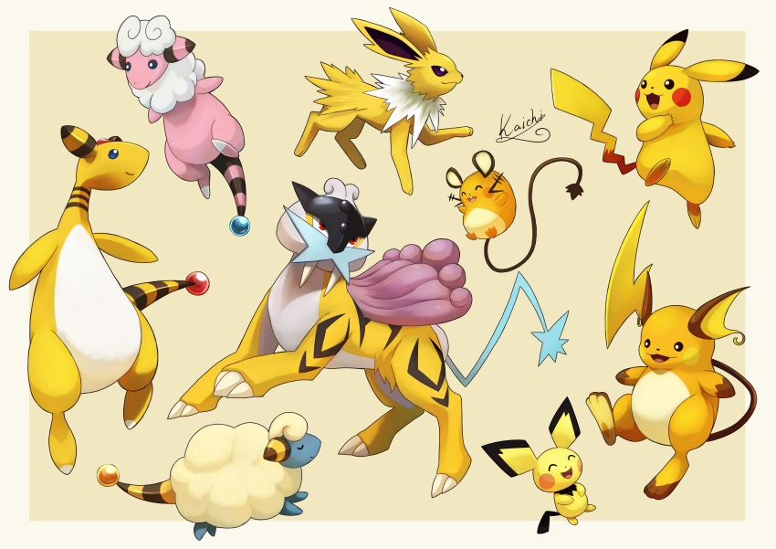 :d, ^_^, absurdres, ampharos, border, closed_eyes, closed_mouth, commentary_request