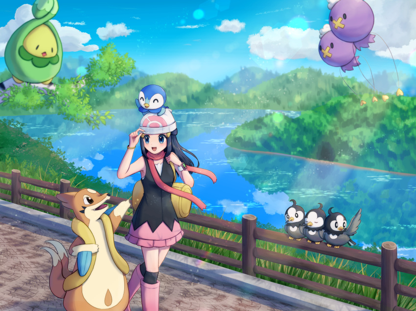 1girl, :d, bag, beanie, bird, black_hair, black_shirt, blue_eyes, boots, budew, buizel, clouds, commentary_request, day, drifloon, duffel_bag, ebi-chan_(tvyd2583), fence, floatzel, grass, hat, highres, hikari_(pokemon), long_hair, on_head, open_mouth, outdoors, over-kneehighs, pink_footwear, pink_skirt, piplup, pokemon, pokemon_(creature), pokemon_dppt, pokemon_on_head, reflection, shirt, skirt, sky, sleeveless, sleeveless_shirt, smile, standing, starly, thigh-highs, walking, water, white_hat, yellow_bag