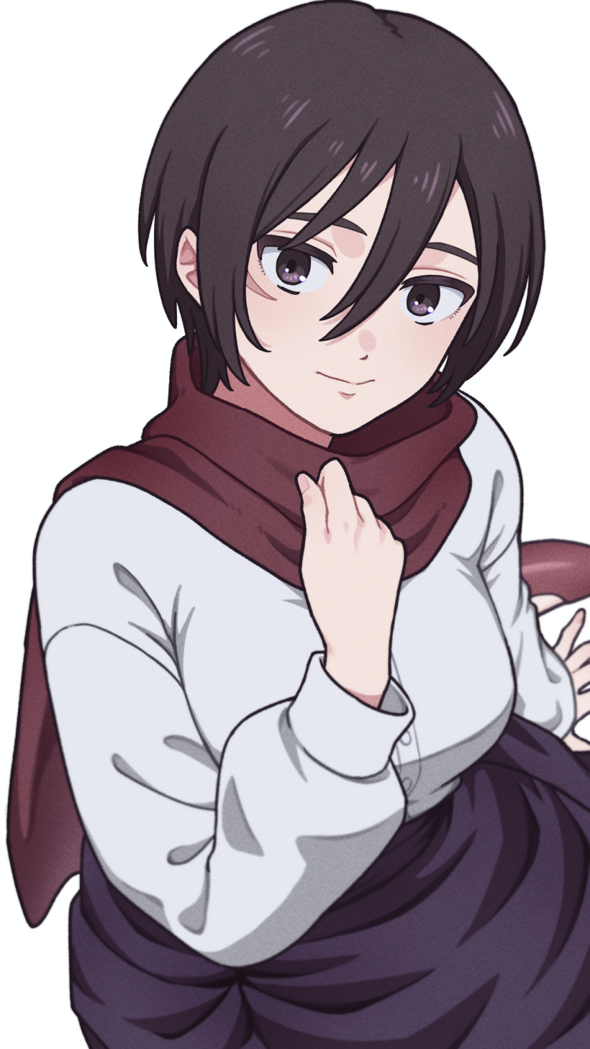 1girl, black_eyes, black_hair, commentary_request, hand_up, highres, long_sleeves, looking_at_viewer, mikasa_ackerman, nokino_(nokinokin0), red_scarf, scarf, shingeki_no_kyojin, shirt, short_hair, simple_background, solo, white_background, white_shirt