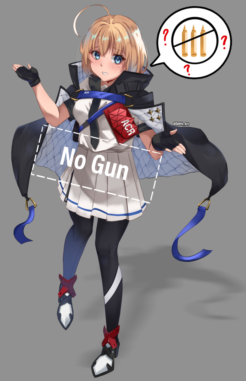 1girl, acr_(girls'_frontline), ahoge, ankle_boots, artist_name, black_gloves, black_thighhighs, blonde_hair, blue_eyes, boots, commission, full_body, girls_frontline, gloves, highres, mole, mole_under_eye, pleated_skirt, shirt, skirt, solo, sp4rk, thigh-highs, white_shirt