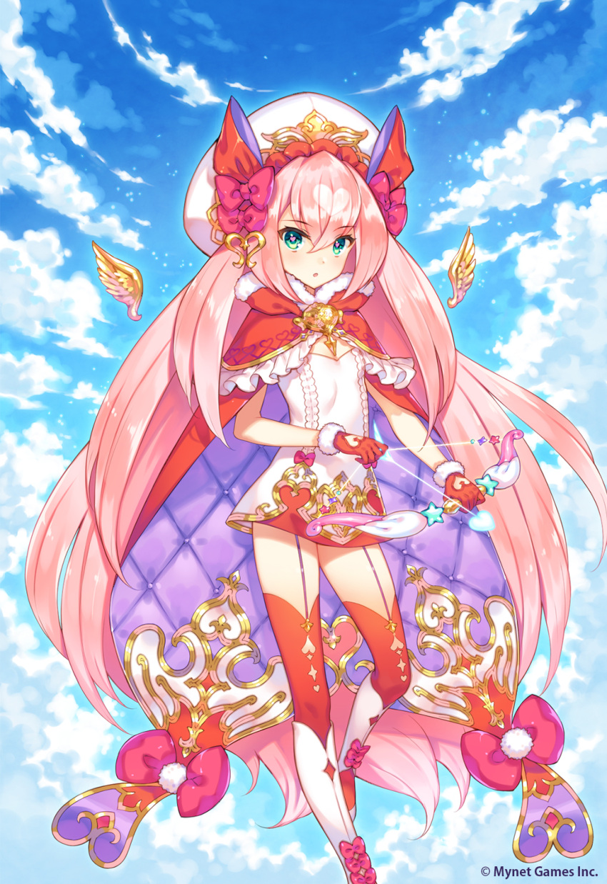 1girl, :o, age_of_ishtaria, anteros_(age_of_ishtaria), arrow_(projectile), blue_sky, bow, bow_(weapon)