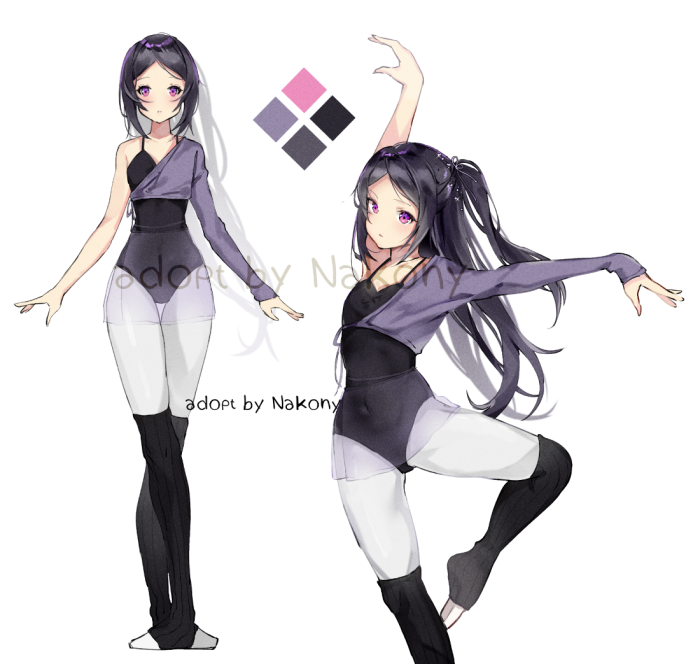 1girl, ass_visible_through_thighs, asymmetrical_shirt, ballerina, black_hair, breasts, cameltoe, cardigan, color_guide, color_swatch, dancer, dancing, diamond_(shape), flat_chest, hair_up, half_updo, leg_warmers, leggings, leotard, nakony, original, parted_bangs, pointed_toes, purple_sweater, see-through, see-through_skirt, side_ponytail, skinny, skirt, small_breasts, standing, standing_on_one_leg, sweater, thigh_gap, updo, violet_eyes, watermark, white_leggings