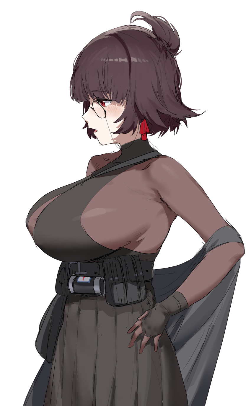 1girl, absurdres, belt, black_dress, bodystocking, breasts, dress, earrings, from_side, girls'_frontline_neural_cloud, gloves, highres, jewelry, large_breasts, monocle, nora_(neural_cloud), open_mouth, red_eyes, ribu_(rv), short_hair, sideboob, solo, turtleneck, utility_belt