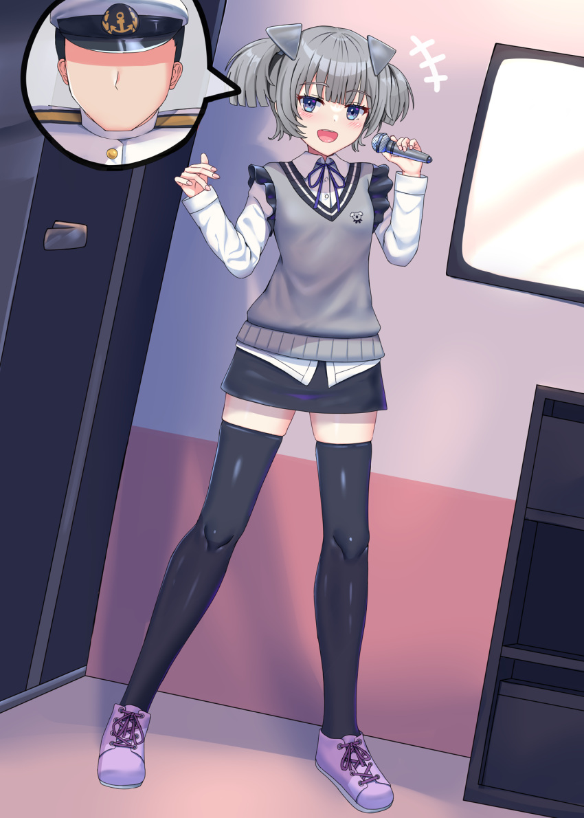 1girl, admiral_(kancolle), black_skirt, black_thighhighs, blue_eyes, body_switch, breasts, frills