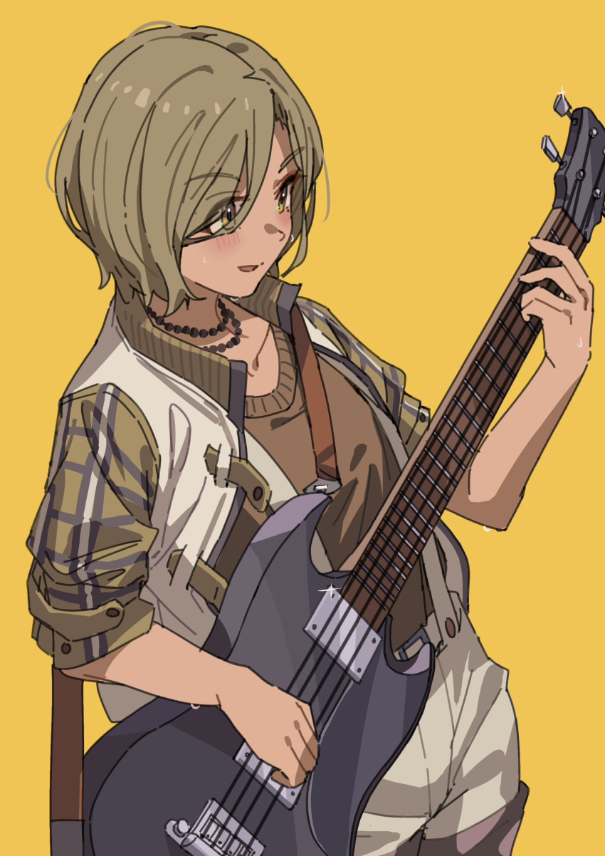 1girl, bass_guitar, brown_eyes, brown_hair, brown_sweater, cowboy_shot, dark-skinned_female, dark_skin