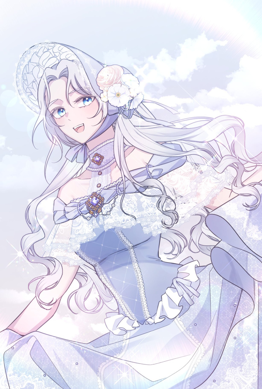 1girl, :d, alternate_costume, blue_eyes, blue_sky, bonnet, brooch, choker, clouds, collarbone, cowboy_shot, curly_hair, day, dreaminglum, dress, final_fantasy, final_fantasy_xiv, flower, frilled_choker, frilled_dress, frilled_headwear, frills, gem, hat, hat_flower, highres, jewelry, lace-trimmed_dress, lace_trim, long_hair, looking_at_viewer, off-shoulder_dress, off_shoulder, open_mouth, outdoors, purple_gemstone, revision, sky, smile, solo, venat_(ff14), white_choker, white_dress, white_flower, white_hair
