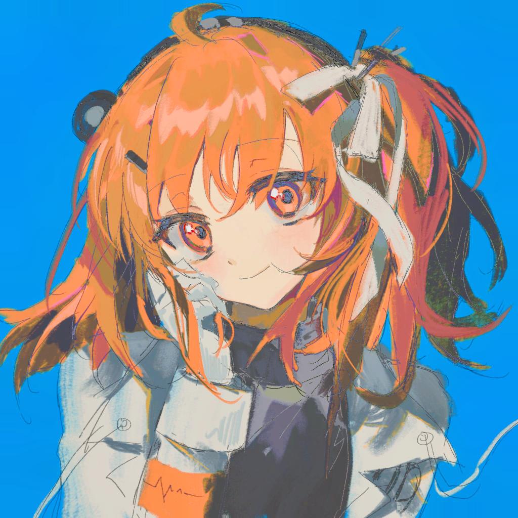 1girl, a.i._voice, adachi_rei, black_shirt, blue_background, closed_mouth, drawstring, gloves