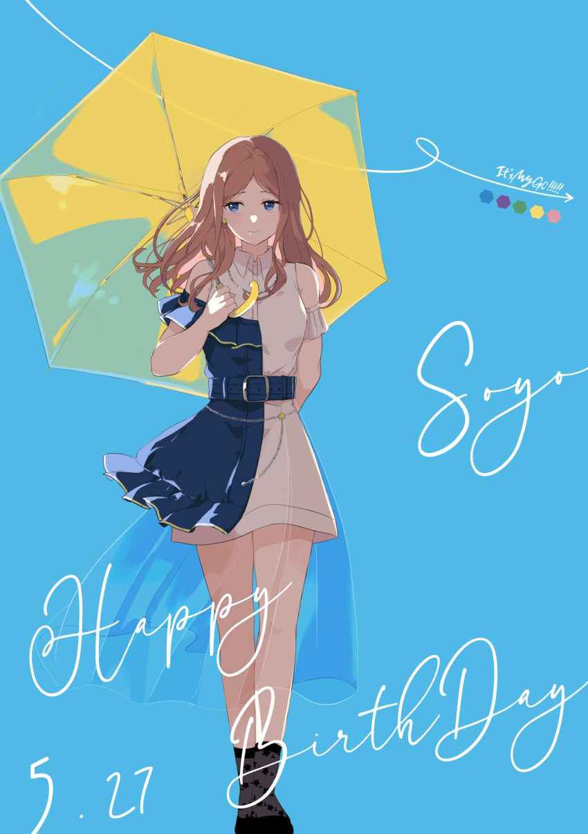 1girl, absurdres, bang_dream!, bang_dream!_it's_mygo!!!!!, black_socks, blue_background, blue_dress, blue_eyes, brown_hair, closed_mouth, clothing_cutout, collared_dress, commentary_request, cursive, dress, earrings, english_text, happy_birthday, highres, holding, holding_umbrella, jewelry, long_hair, looking_at_viewer, nagasaki_soyo, necklace, see-through, see-through_skirt, shoulder_cutout, simple_background, skirt, smile, socks, solo, two-tone_dress, umbrella, watanuki_(enu), white_dress, yellow_umbrella