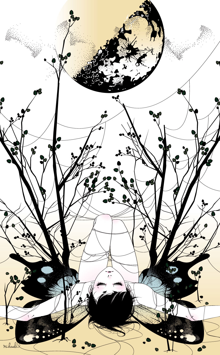 highres, lying, mihoshi, moon, original, solo, tree, wings