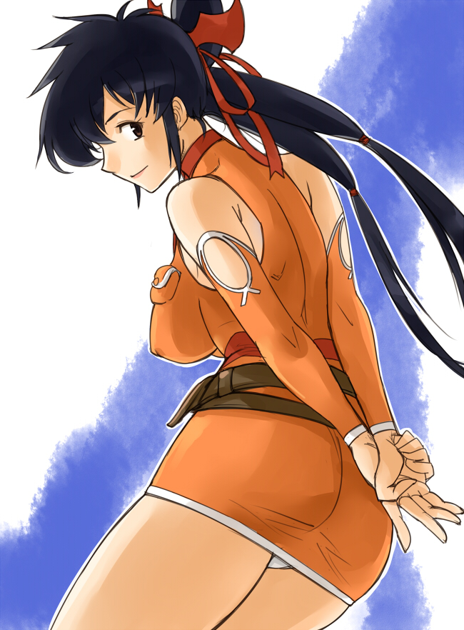 bare_shoulders, belt, black_eyes, black_hair, brown_eyes, character_request, detached_sleeves, elbow_gloves