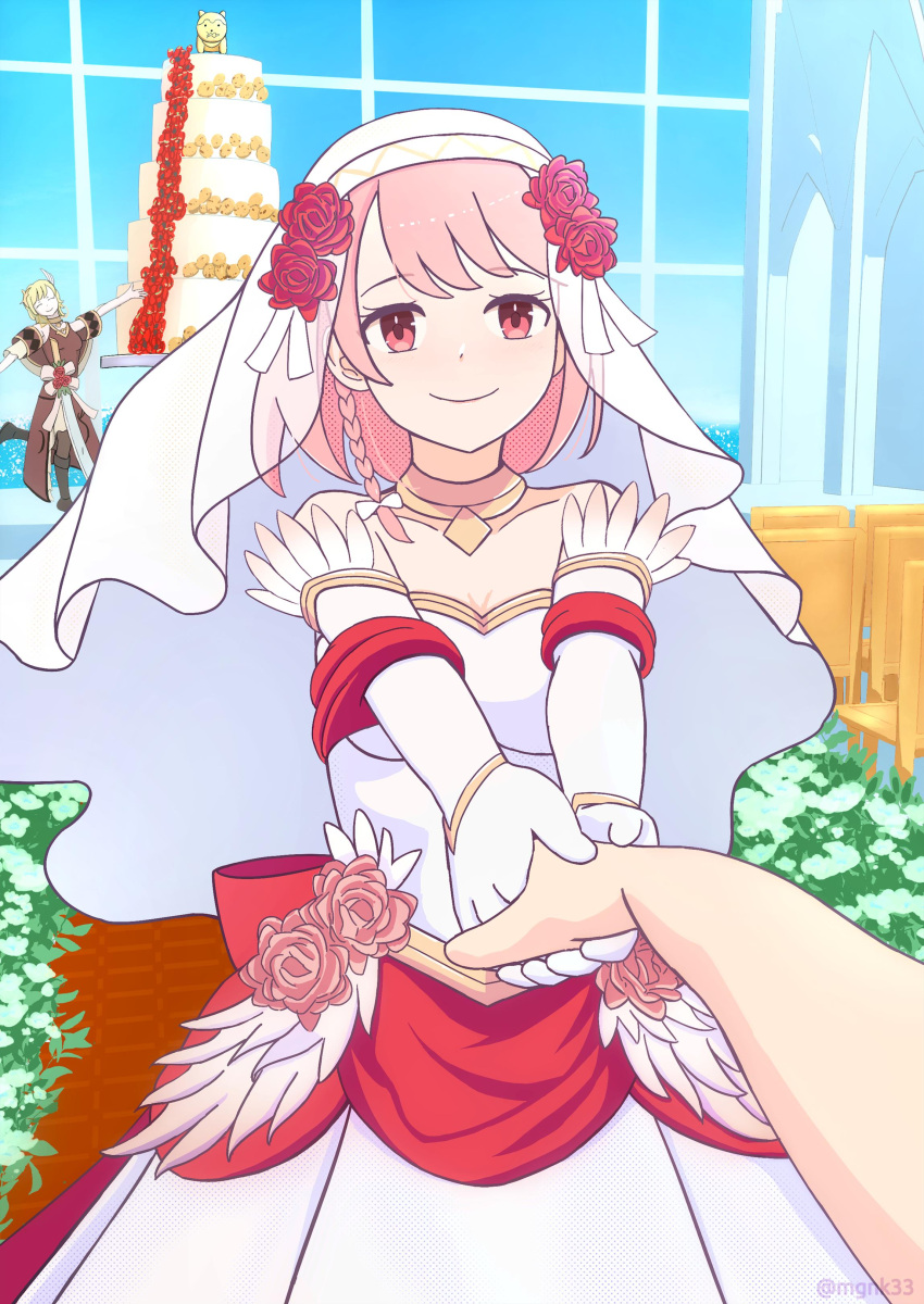 absurdres, blonde_hair, bridal_veil, bride, brown_dress, cake, citrinne_(fire_emblem), dress