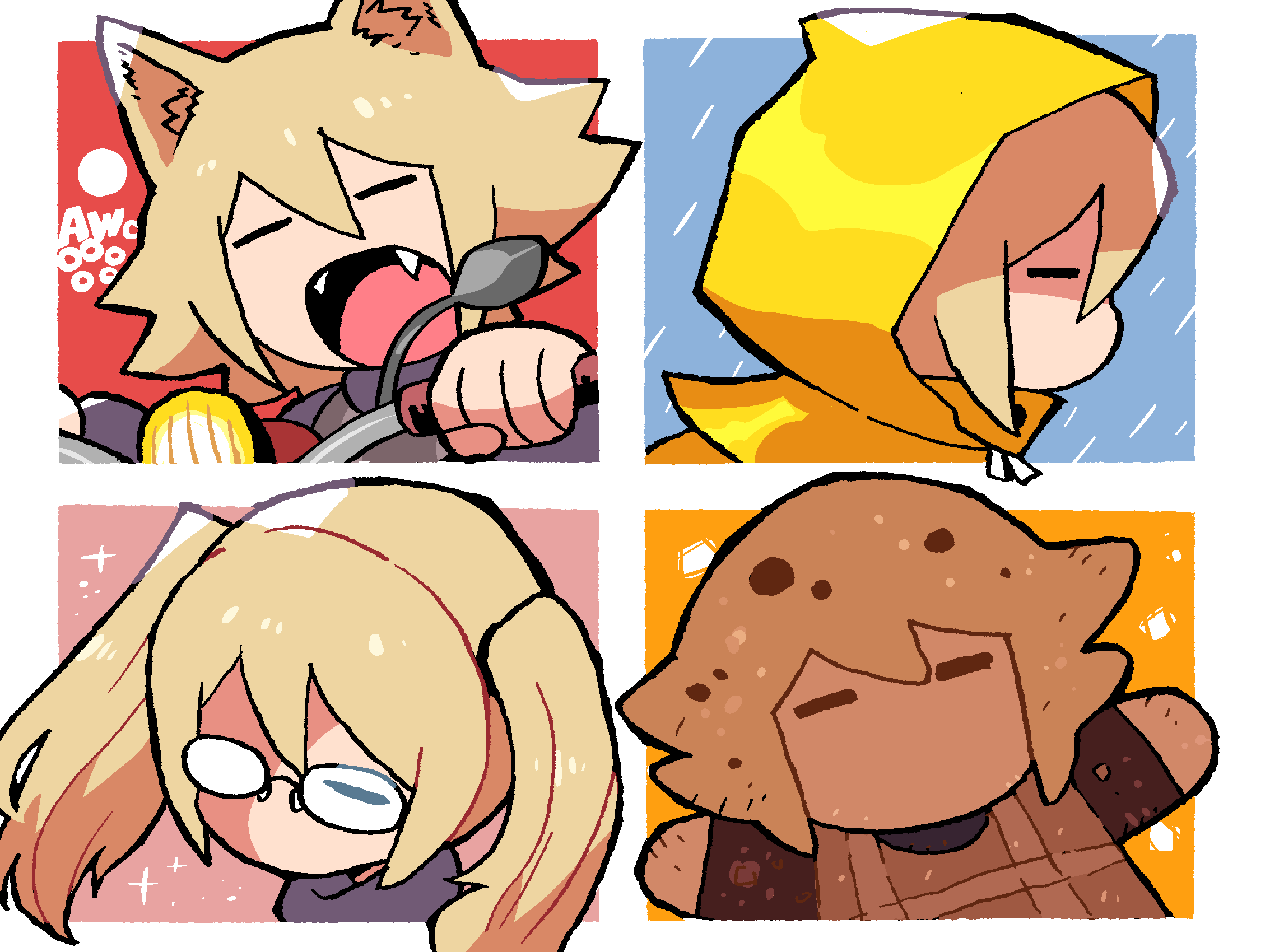 1girl, animal_ears, awooo, blonde_hair, brown_sweater, closed_eyes, commentary_request, fangs