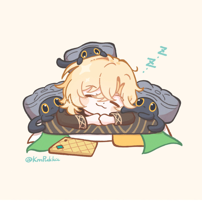 1boy, :3, aventurine_(anan)_(honkai:_star_rail), aventurine_(honkai:_star_rail), bed, blonde_hair, blush, closed_eyes