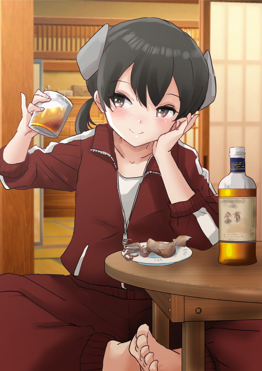 1girl, alcohol, alternate_costume, barefoot, black_hair, bottle, brown_eyes, commentary_request