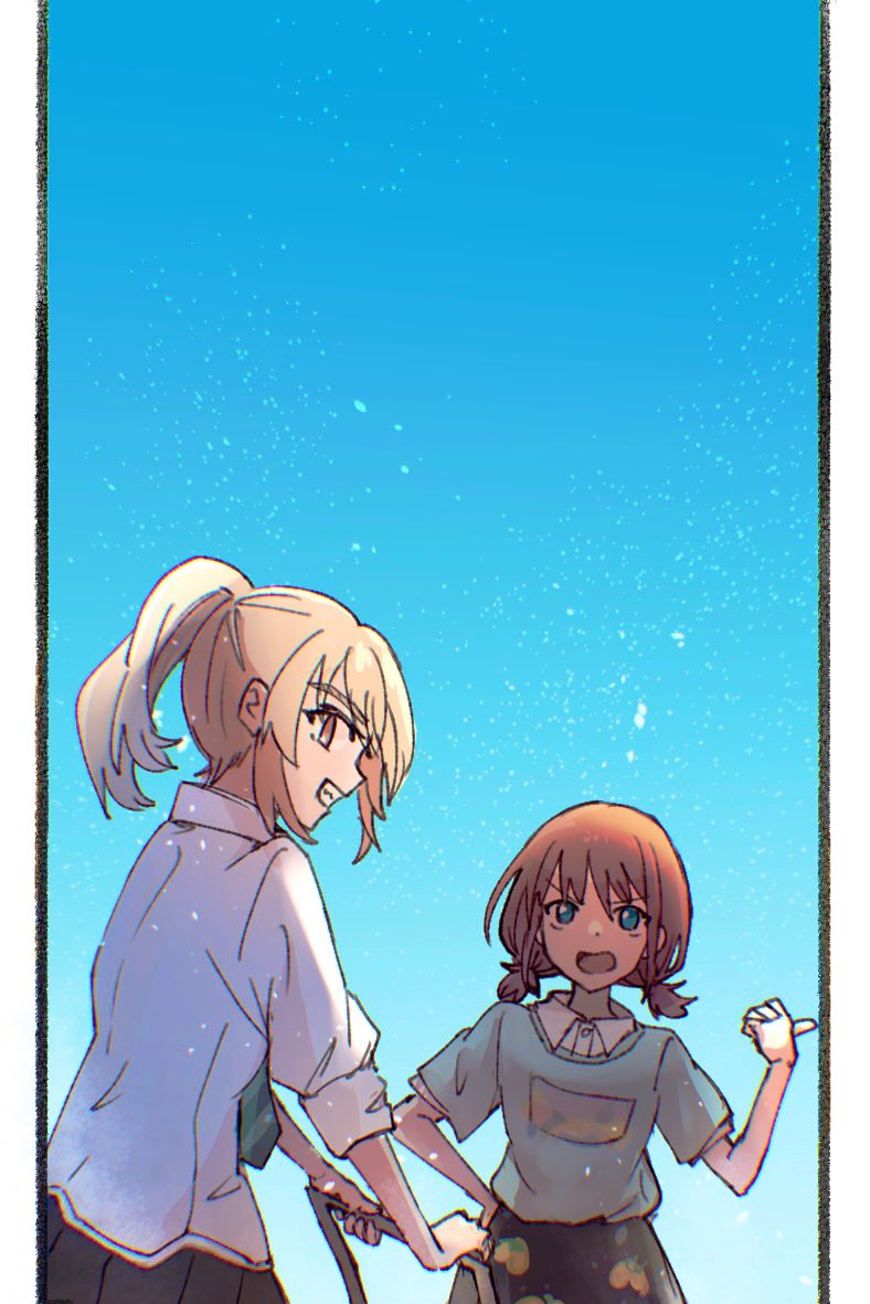 2girls, annoyed, blue_eyes, blue_sky, brown_hair, collared_shirt, commentary_request, day