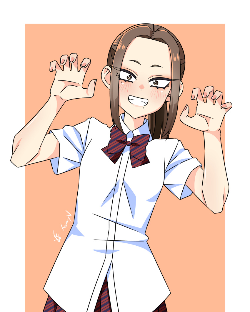 1girl, black_bow, black_skirt, bow, brown_eyes, brown_hair, claw_pose, collared_shirt