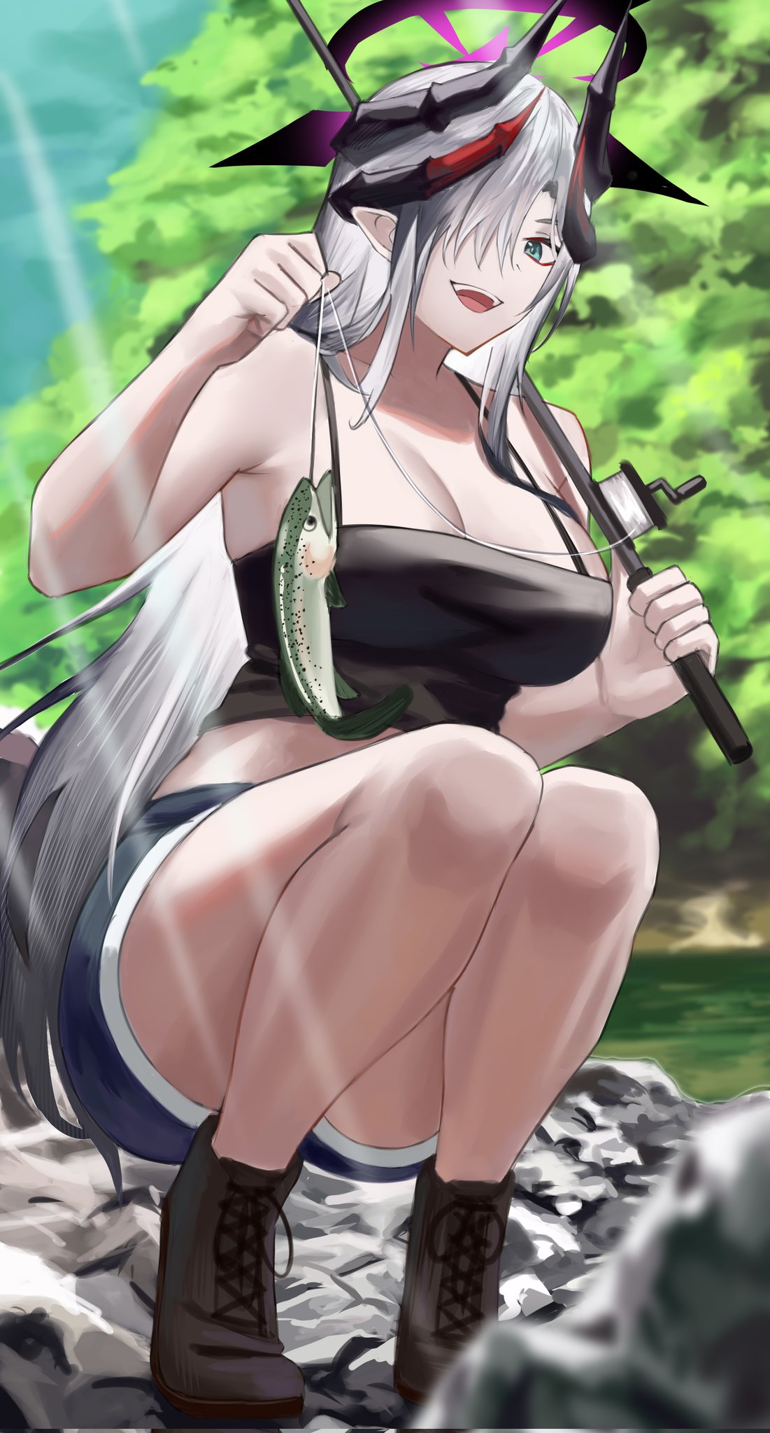 1girl, black_halo, black_horns, blue_archive, blue_eyes, crop_top, demon_horns, denim