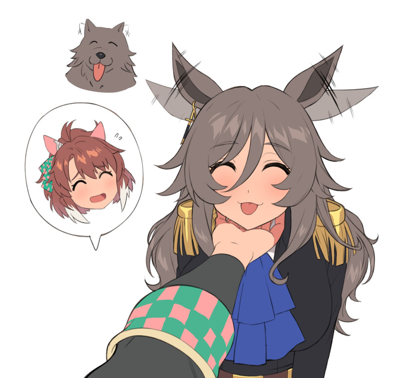 2girls, ^_^, ahoge, animal, animal_ears, ascot, black_jacket, blue_ascot