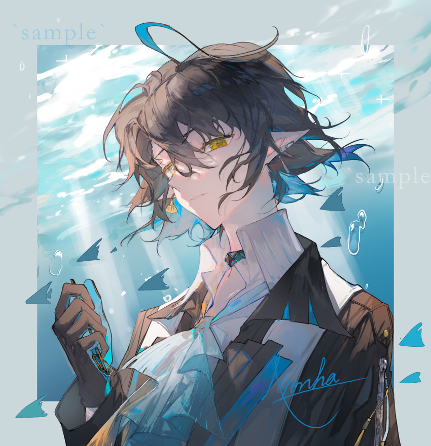 1boy, ahoge, arknights, ascot, bishounen, black_choker, black_gloves, black_hair