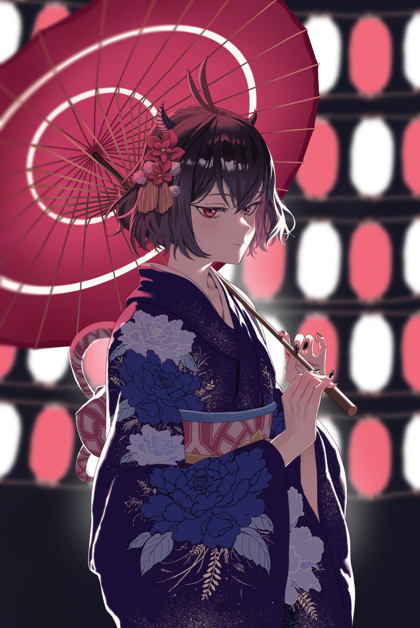 1girl, absurdres, ahoge, antenna_hair, black_clover, black_hair, black_horns, blush
