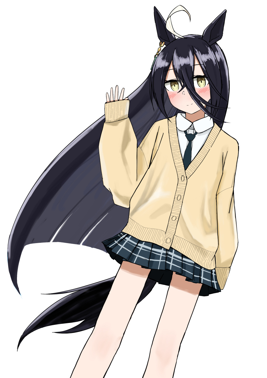 1girl, absurdres, ahoge, animal_ears, black_hair, blue_necktie, blue_skirt, book-16key