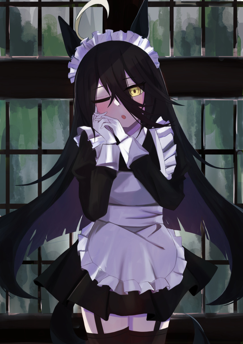 1girl, :o, ahoge, alternate_costume, animal_ears, apron, black_dress, black_hair