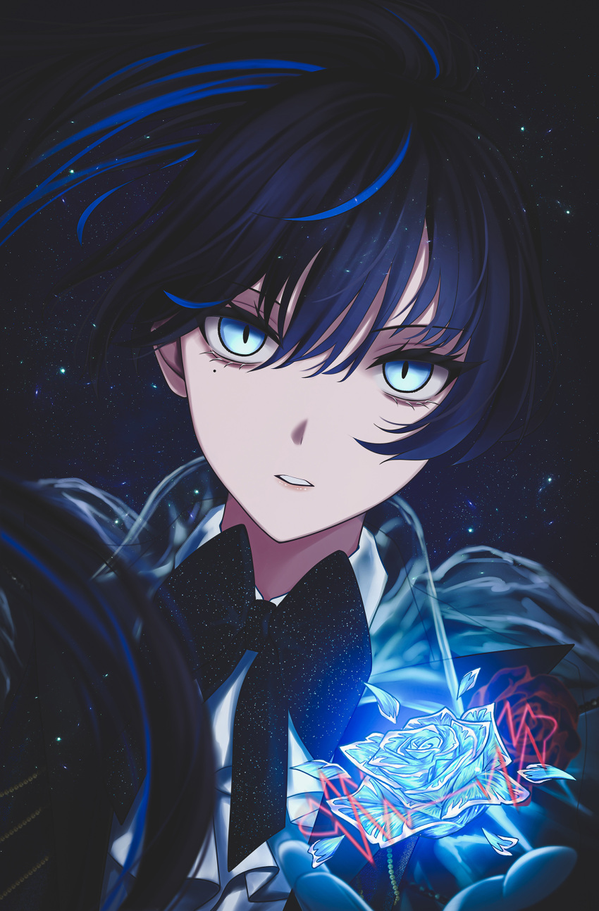 1girl, ado_(utaite), black_hair, blue_eyes, blue_flower, blue_hair, blue_rose, bow, bowtie, chando_(ado), collared_shirt, double_exposure, floating_hair, flower, highres, mole, mole_under_eye, multicolored_hair, open_mouth, ponytail, rain_(rain910), rose, shinzou_(ado), shirt, solo, streaked_hair, utaite