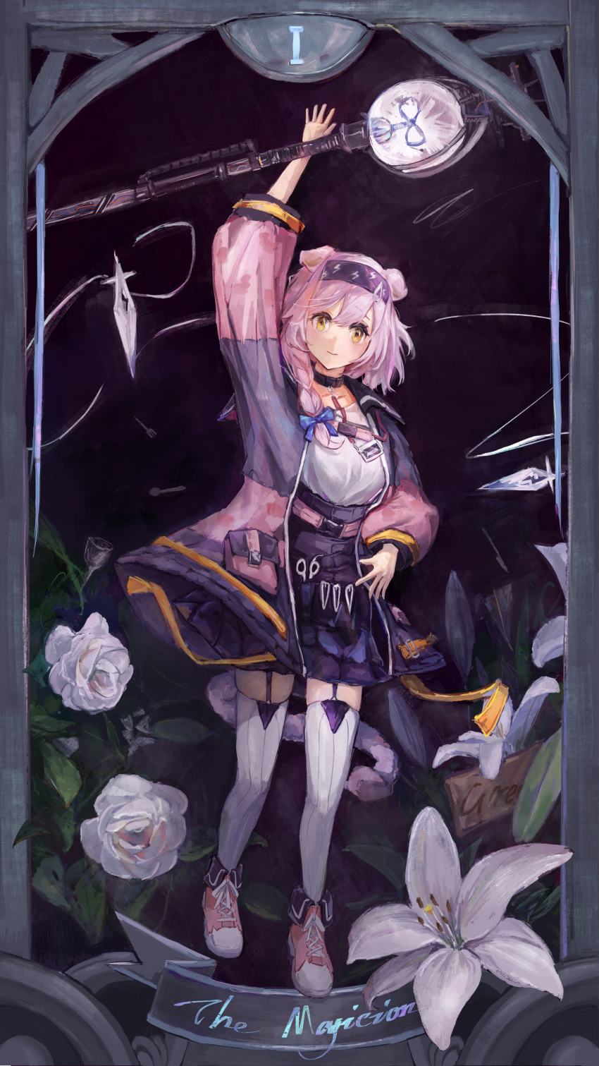 1girl, absurdres, animal_ears, arknights, arm_up, black_collar, black_hairband, black_skirt