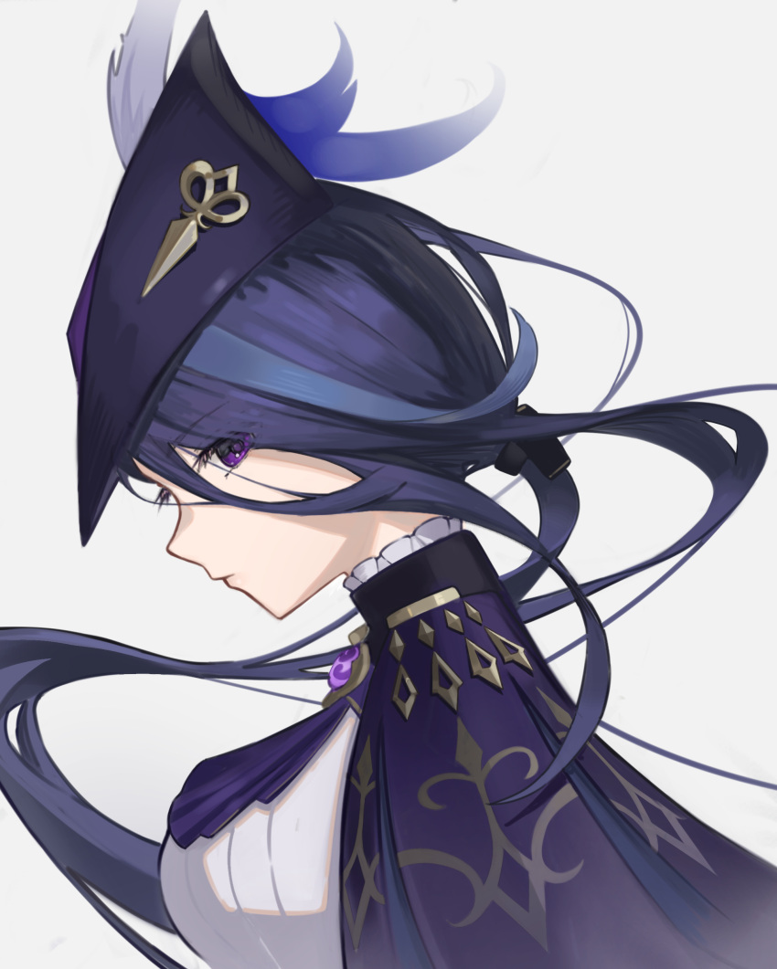 1girl, absurdres, ascot, blue_hair, capelet, clorinde_(genshin_impact), from_side, genshin_impact, hat, hat_feather, highres, long_hair, looking_at_viewer, profile, purple_ascot, purple_capelet, puya_(pixiv_61322484), shirt, solo, tricorne, upper_body, very_long_hair, violet_eyes, white_shirt