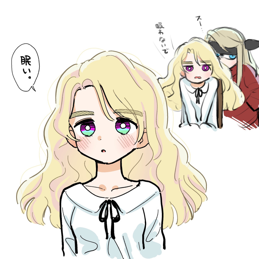 2girls, alternate_hairstyle, bandana, berit_(eisu), blonde_hair, blue_eyes, eisu_(eith), gradient_eyes