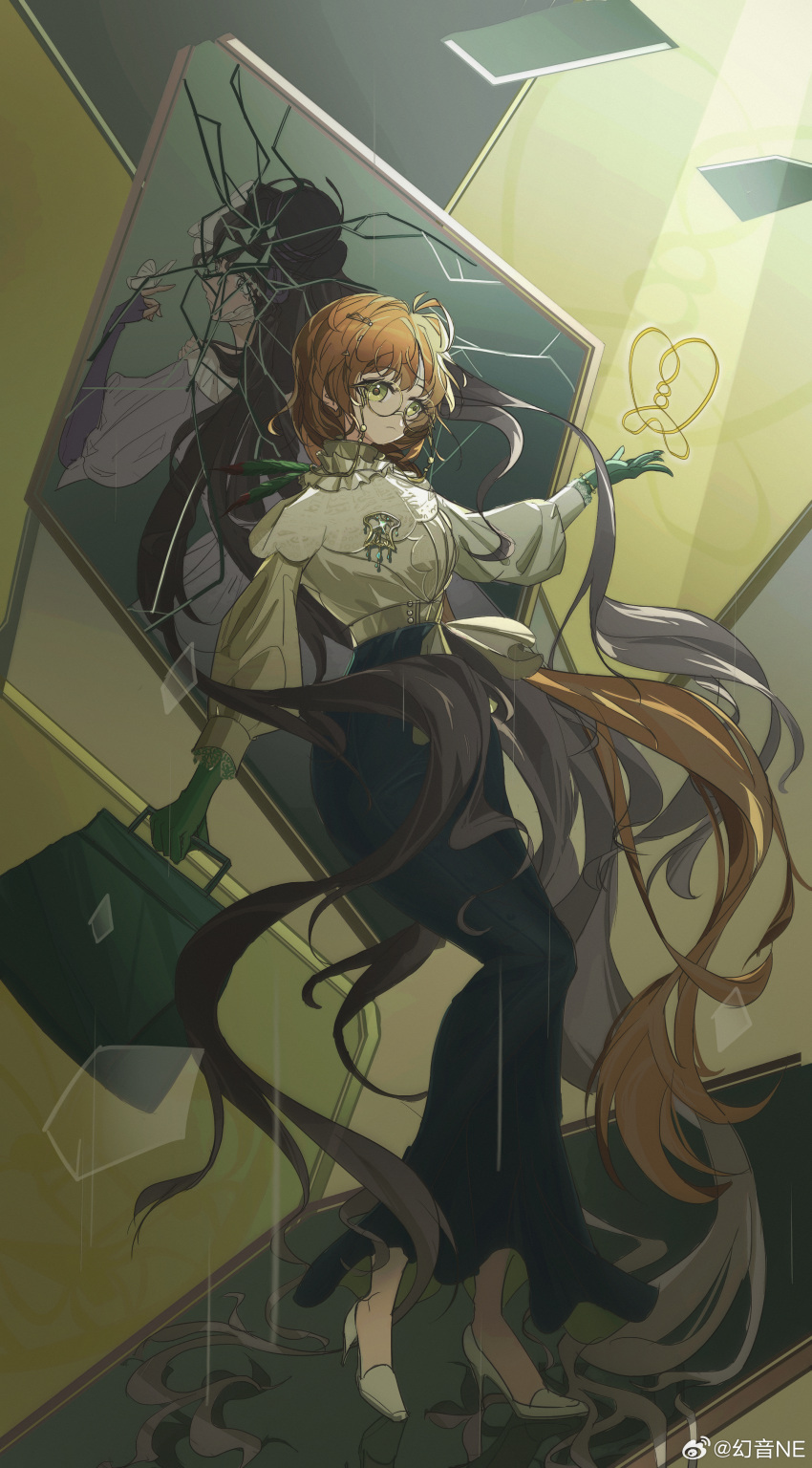 2girls, absurdres, bag, black_hair, black_hat, broken_mirror, brown_hair, bug, butterfly, butterfly_on_hand, closed_mouth, collar, different_reflection, dress, frilled_collar, frills, full_body, glasses, gloves, green_background, green_bag, green_eyes, green_gloves, green_skirt, hand_up, hat, highres, holding, holding_bag, huanyin, isolde_(reverse:1999), juliet_sleeves, kakania_(reverse:1999), knot, long_hair, long_skirt, long_sleeves, looking_at_viewer, looking_back, low_ponytail, mirror, multiple_girls, pencil_skirt, puffy_long_sleeves, puffy_sleeves, purple_dress, reflection, reverse:1999, round_eyewear, shirt, skirt, standing, very_long_hair, white_footwear, white_shirt