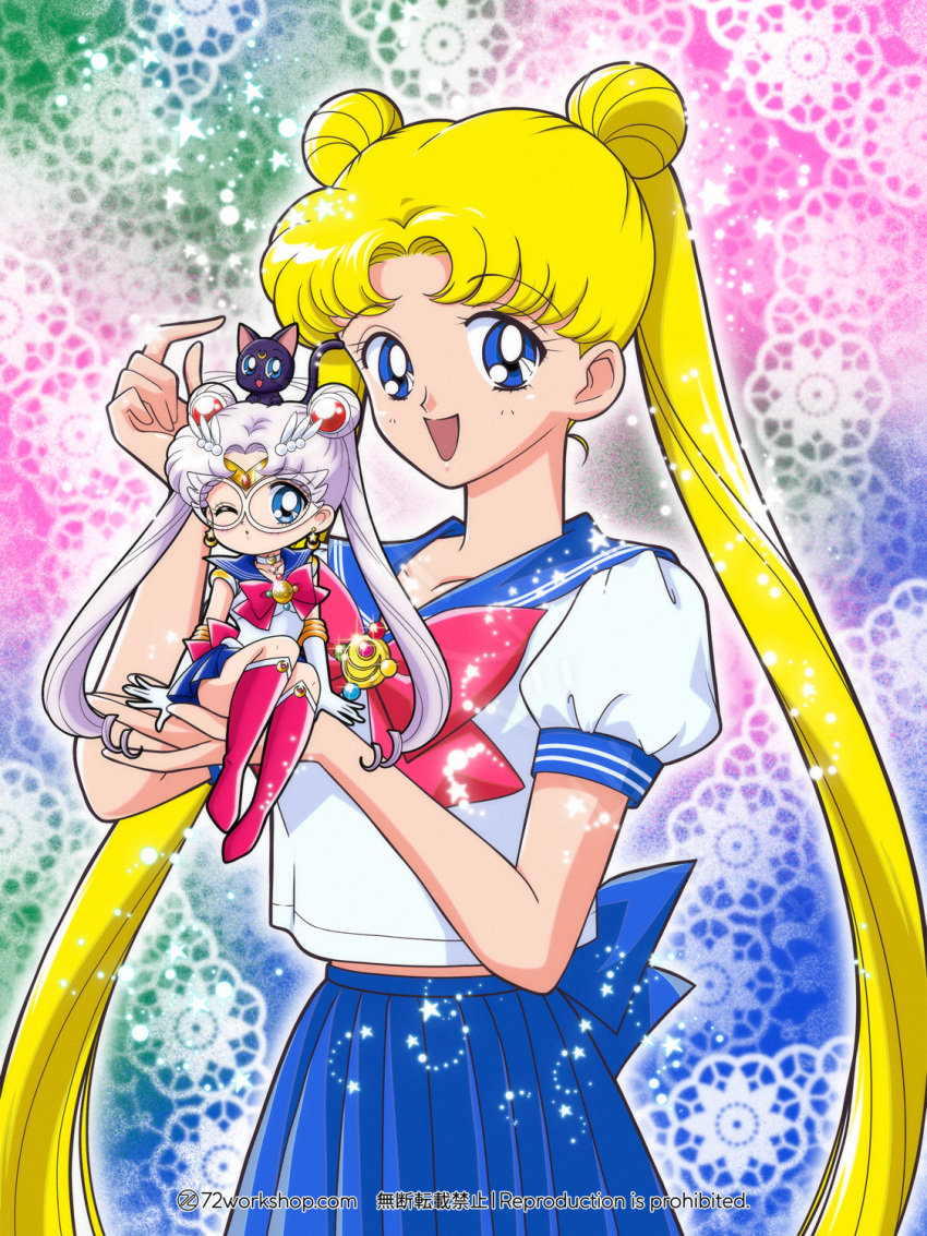2girls, 72workshop, :d, back_bow, bishoujo_senshi_sailor_moon, black_cat, blonde_hair, blue_bow