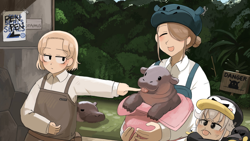 3girls, :d, :p, absurdres, bags_under_eyes, bird, black_scarf, blue_overalls
