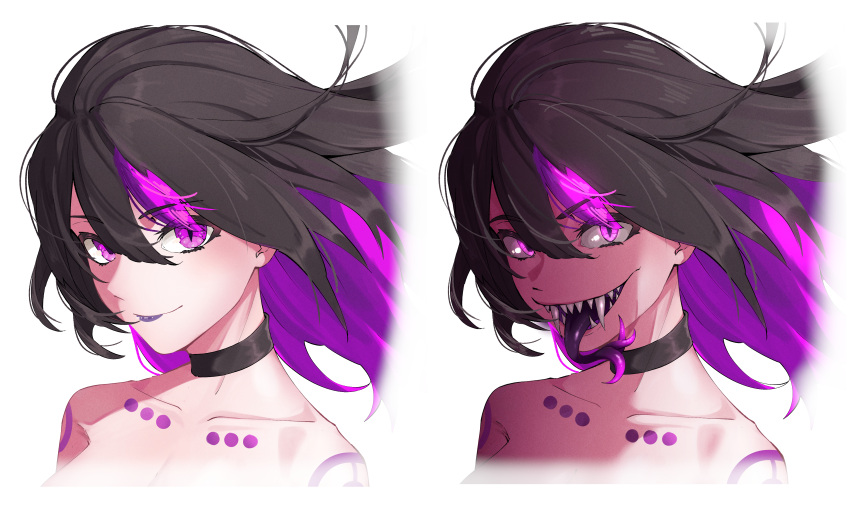 absurdres, black_choker, black_hair, black_lips, chest_tattoo, choker, collarbone, colored_tongue