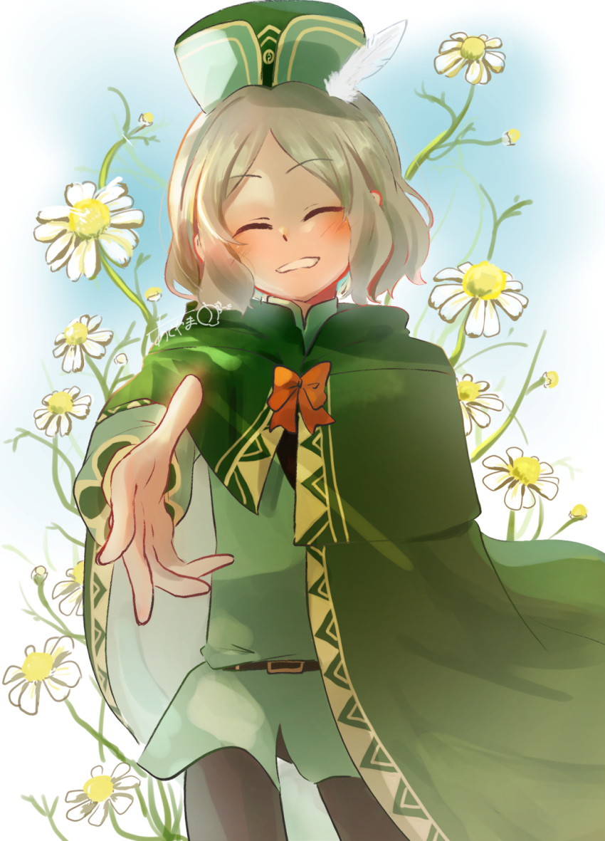 1boy, asayama_nano, belt, black_pants, blush, bow, closed_eyes, day, facing_viewer, feather_hair_ornament, feathers, flower, green_hat, green_robe, grey_hair, hair_ornament, hat, highres, male_focus, medium_hair, otto_suewen, outdoors, outstretched_hand, pants, re:zero_kara_hajimeru_isekai_seikatsu, red_bow, robe, solo, standing, tunic