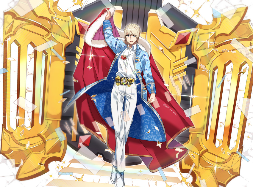 1010_mumumu, 1boy, blonde_hair, blue_coat, blue_eyes, breasts, cape, coat