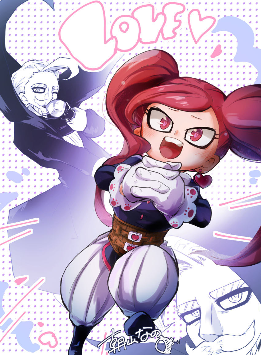 1boy, 1girl, :d, asayama_nano, beard, belt, black_footwear, blush, boku_no_hero_academia, cup, dotted_background, drinking, earrings, eyeliner, facial_hair, gentle_criminal, gloves, heart, heart_earrings, highres, interlocked_fingers, jewelry, la_brava, long_sleeves, looking_at_viewer, makeup, multiple_views, mustache, own_hands_together, puffy_pants, red_eyes, redhead, smile, teacup, twintails, white_gloves