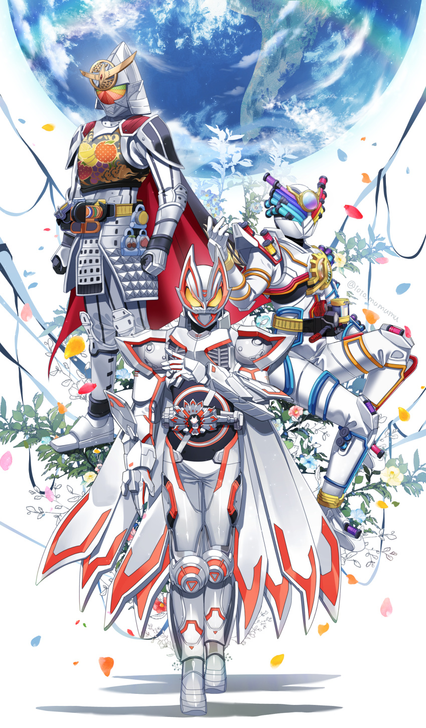 1010_mumumu, 3boys, absurdres, armor, bodysuit, clenched_hands, color_connection, desire_driver