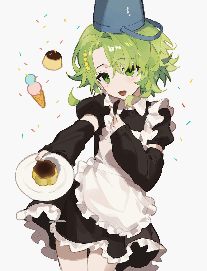 1girl, alternate_costume, apron, arm_warmers, black_arm_warmers, black_dress, bucket, bucket_on_head