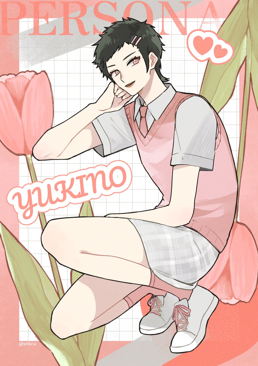 1girl, black_hair, casual, character_name, collared_shirt, copyright_name, flower, grey_skirt